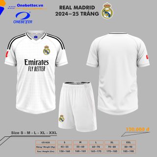 Đồ đá banh, quần áo bóng đá CLB REAL 2024-25 màu trắng - Vải thun lạnh co giãn- Full size từ S đến 2XL
