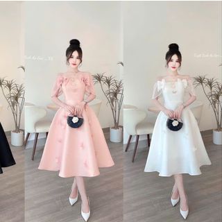 ĐẦM XÒE TRỄ VAI NHÚN BÈO NGỰC KÈM DÂY HOA CỔ SIÊU XINH CHO BẠN GÁI