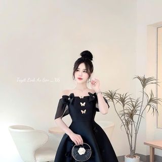ĐẦM XÒE TRỄ VAI NHÚN BÈO NGỰC KÈM DÂY HOA CỔ SIÊU XINH CHO BẠN GÁI