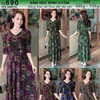 Đầm maxi trung niên  dự tiệc - công sở, vải thun nhũ cao cấp đính đá, tặng mẹ co giãn tốt bigsize M690