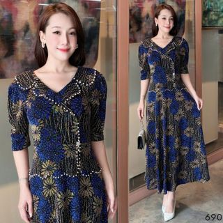 Đầm maxi trung niên  dự tiệc - công sở, vải thun nhũ cao cấp đính đá, tặng mẹ co giãn tốt bigsize M690