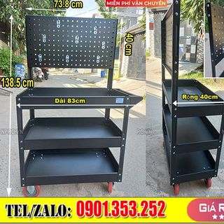 Xe đẩy dụng cụ 3 ngăn - kết hợp được bảng treo dụng cụ, khay linh kiện