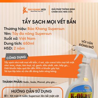 Siêu tẩy đa năng 800ml, tẩy cặn canxi nhà tắm Bảo Khang làm sạch vòi sen inox, vách kính, bồn sứ, bếp gas, bếp từ an toàn, tiện lợi, hiệu quả.