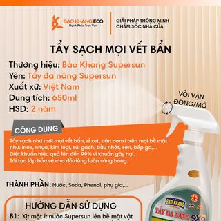 Tẩy đa năng 500ml, tẩy cặn canxi nhà tắm Bảo Khang làm sạch vòi sen inox, vách kính, bồn sứ, bếp gas, bếp từ an toàn, tiện lợi, hiệu quả.