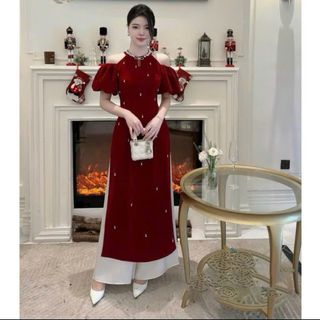 HÀNG HOT TẾT 2024] Áo dài tay lửng cổ đính hạt kèm chân váy xoè phồng dễ thương, kín đáo