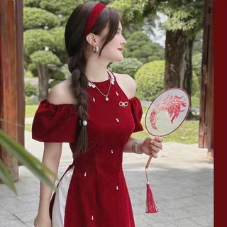 HÀNG HOT TẾT 2024] Áo dài tay lửng cổ đính hạt kèm chân váy xoè phồng dễ thương, kín đáo