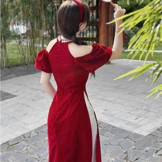 HÀNG HOT TẾT 2024] Áo dài tay lửng cổ đính hạt kèm chân váy xoè phồng dễ thương, kín đáo