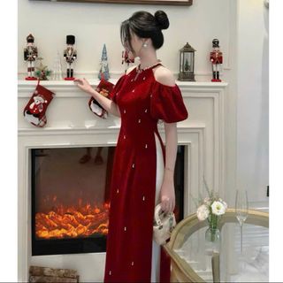 HÀNG HOT TẾT 2024] Áo dài tay lửng cổ đính hạt kèm chân váy xoè phồng dễ thương, kín đáo