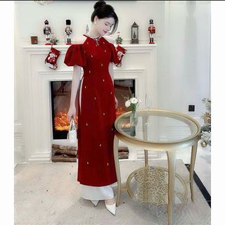 HÀNG HOT TẾT 2024] Áo dài tay lửng cổ đính hạt kèm chân váy xoè phồng dễ thương, kín đáo