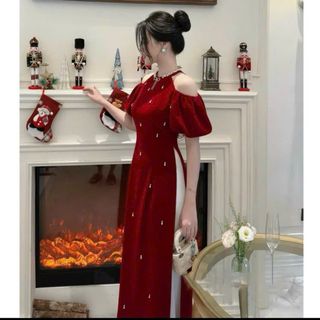 HÀNG HOT TẾT 2024] Áo dài tay lửng cổ đính hạt kèm chân váy xoè phồng dễ thương, kín đáo