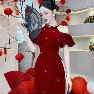 HÀNG HOT TẾT 2024] Áo dài tay lửng cổ đính hạt kèm chân váy xoè phồng dễ thương, kín đáo