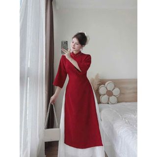 Set áo dài thiết kế áo dài gấm tay áo phối lông kèm quần dài suông tuyết nhung màu siêu trắng da cho nàng diện tết