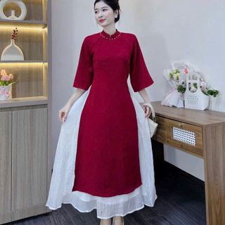 Set áo dài thiết kế áo dài gấm tay áo phối lông kèm quần dài suông tuyết nhung màu siêu trắng da cho nàng diện tết
