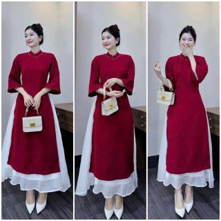 Set áo dài thiết kế áo dài gấm tay áo phối lông kèm quần dài suông tuyết nhung màu siêu trắng da cho nàng diện tết