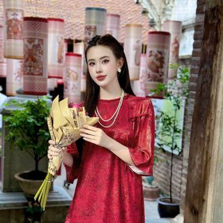 ÁO DÀI TẾT THIẾT KẾ GẤM THÊU HÌNH BƯỚM DÁNG SUÔNG HÀNG CAO CẤP