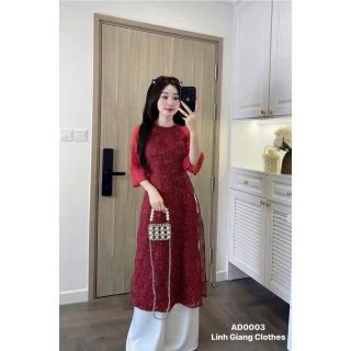￼Set đồ nữ chơi Tết áo dài chất tơ thêu cổ tròn tay lửng kèm quần tuyết nhung ống rộng freesize dưới 55kg
