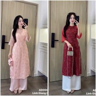 Set đồ nữ chơi Tết áo dài chất tơ thêu cổ tròn tay lửng kèm quần tuyết nhung ống rộng freesize dưới 55kg