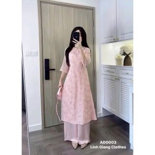 Set đồ nữ chơi Tết áo dài chất tơ thêu cổ tròn tay lửng kèm quần tuyết nhung ống rộng freesize dưới 55kg