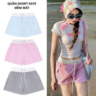 Quần đùi kate nữ kẻ sọc lưng chun dây rút, from cạp thấp nhiều màu