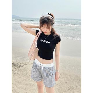 Quần đùi kate nữ kẻ sọc lưng chun dây rút, from cạp thấp nhiều màu