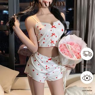 Đồ Ngủ Nữ – Bộ Ngủ Thun 2 Dây Croptop Sexy Họa Tiết Trái Tim Đính Nơ Quyến Rũ VN605