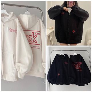 Áo khoác hoodie zip tay phồng from rộng in chữ 1OOK trẻ trung Unisex Menswear