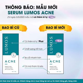 Serum Mụn LUMOS ACNE (Mẫu Plus) Hỗ Trợ Trị Mụn, Làm Mờ Vết Thâm Do Mụn Để Lại, Đều Màu Da, Dưỡng Da Khoẻ Căng Bóng, Se Khít Lỗ Chân Lông | Dung Tích 5 ml - HÀNG CHÍNH HÃNG