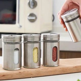 Hủ, lọ đựng tiêu, gia vị, tăm bằng thủy tinh ngoài vỏ bọc inox 304 - B384