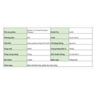 Máy Chế Biến Thực Phẩm Đa Chức Năng 7in1 RAF 600W - Xay Sinh Tố, Xay Thịt, Thái Rau Củ Trái Cây
