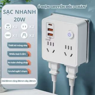 Ổ Cắm Chuyển Đổi Thông Minh, 7 Cổng Cắm, Hỗ Trợ Sạc Nhanh 20W, Phù Hợp Nhiều Loại Ổ Cắm