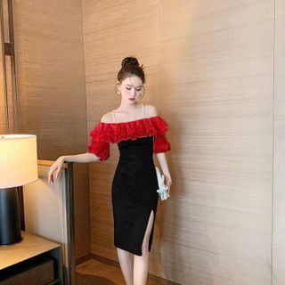 Đầm trễ vai 2 dây phối bèo cao cấp