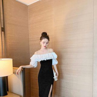 Đầm trễ vai 2 dây phối bèo cao cấp