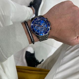 ĐỒNG HỒ NAM CAO CẤP MỚI NHẤT MKORS 8727 CHONOGRAP DÂY THÉP ĐEN MẶT XANH NAVY