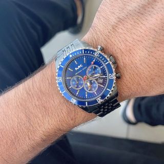ĐỒNG HỒ NAM CAO CẤP MỚI NHẤT MKORS 8727 CHONOGRAP DÂY THÉP ĐEN MẶT XANH NAVY