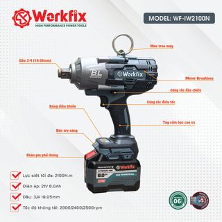 Máy Siết Bulong WORKFIX WF-IW2100N,Lõi Đồng 100%, Đầu 3/4 Lực Siết Khủng 2100nm, Mở Bulong Xe Tải, Lực Khủng
