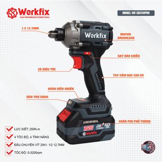 Máy chuyên vít pin WORKFIX WF-SD250PRO, Đầu 2 trong 1, Lực siết 250N, bh Chính Hãng
