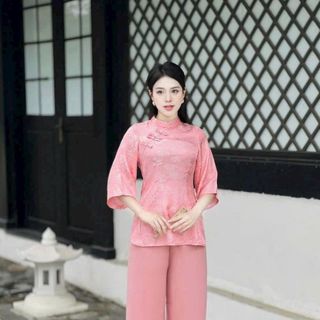 Đồ lam đi chùa, Bộ phật tử pháp phục cổ tàu đính ngọc áo Gấm Tô Châu, quần Lụa Vân cao cấp