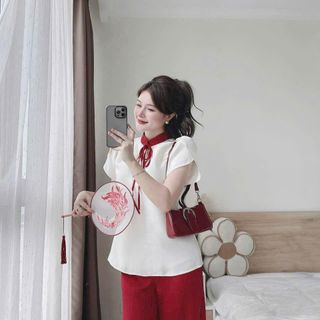 SÉT ÁO CỔ TÀU CỘT NƠ CỔ TAY CÁNH TIÊN CỰC XINH CHO NỮ