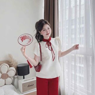 SÉT ÁO CỔ TÀU CỘT NƠ CỔ TAY CÁNH TIÊN CỰC XINH CHO NỮ