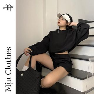 SET BỘ CROPTOP nỉ bông thu đông ( Màu Đen) - Mịn clothes