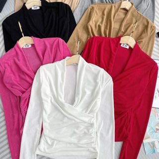 A70- Áo thun nhũ tay dài nữ cổ chéo V phom ôm nhún eo Bigsize women Top, áo ôm kiểu nữ
