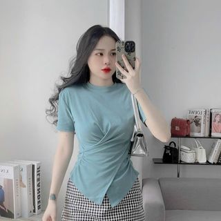 B24- Áo thun Nữ borip cotton vạt xéo ôm eo tay ngắn