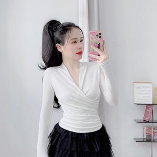A70- Áo thun nhũ tay dài nữ cổ chéo V phom ôm nhún eo Bigsize women Top, áo ôm kiểu nữ