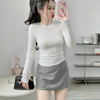 A22- Áo thun trơn tay dài Cổ Tròn Nữ xỏ ngón chất thun nhũ phom ôm Basic Women Top a o taydai