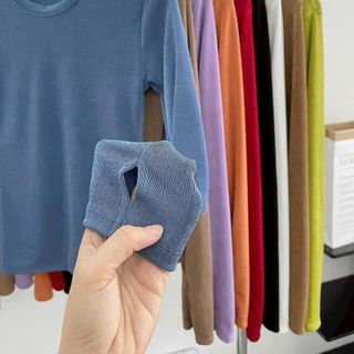 A22- Áo thun trơn tay dài Cổ Tròn Nữ xỏ ngón chất thun nhũ phom ôm Basic Women Top a o taydai