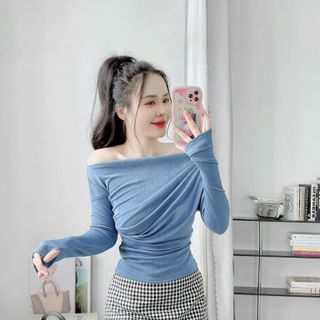 A65- Áo lệch vai Nữ cổ thuyền tay dài thun nhũ Women BIGSIZE Top