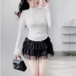 A21- Áo Cổ lọ tay dài thun nhũ nhún giữa phom ôm Nữ Women , áo cổ lọ 3 phân, áo cổ lọ nữ
