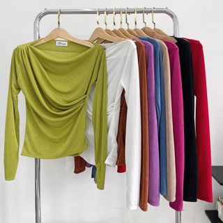 A65- Áo lệch vai Nữ cổ thuyền tay dài thun nhũ Women BIGSIZE Top Nhung Nho