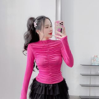 A21- Áo Cổ lọ tay dài thun nhũ nhún giữa phom ôm Nữ Women , áo cổ lọ 3 phân, áo cổ lọ nữ