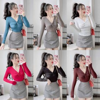 B64- Áo thun tay dài Nữ phom ôm gân tăm cổ xoắn Women Top